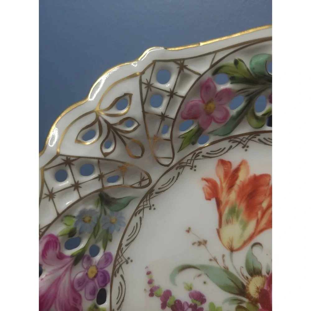 Rare E.S. Prussia Dresden Flowers Gilded Porcelain Bowl Plate Scalloped Openwork